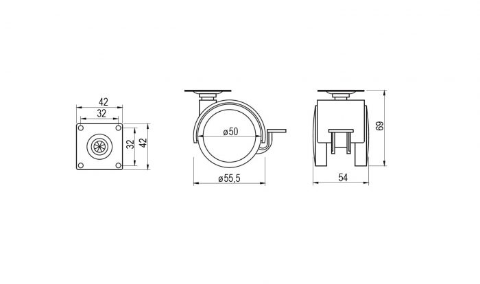Vrtljivo kolo z ploščico in zavoro – premer 50 mm
